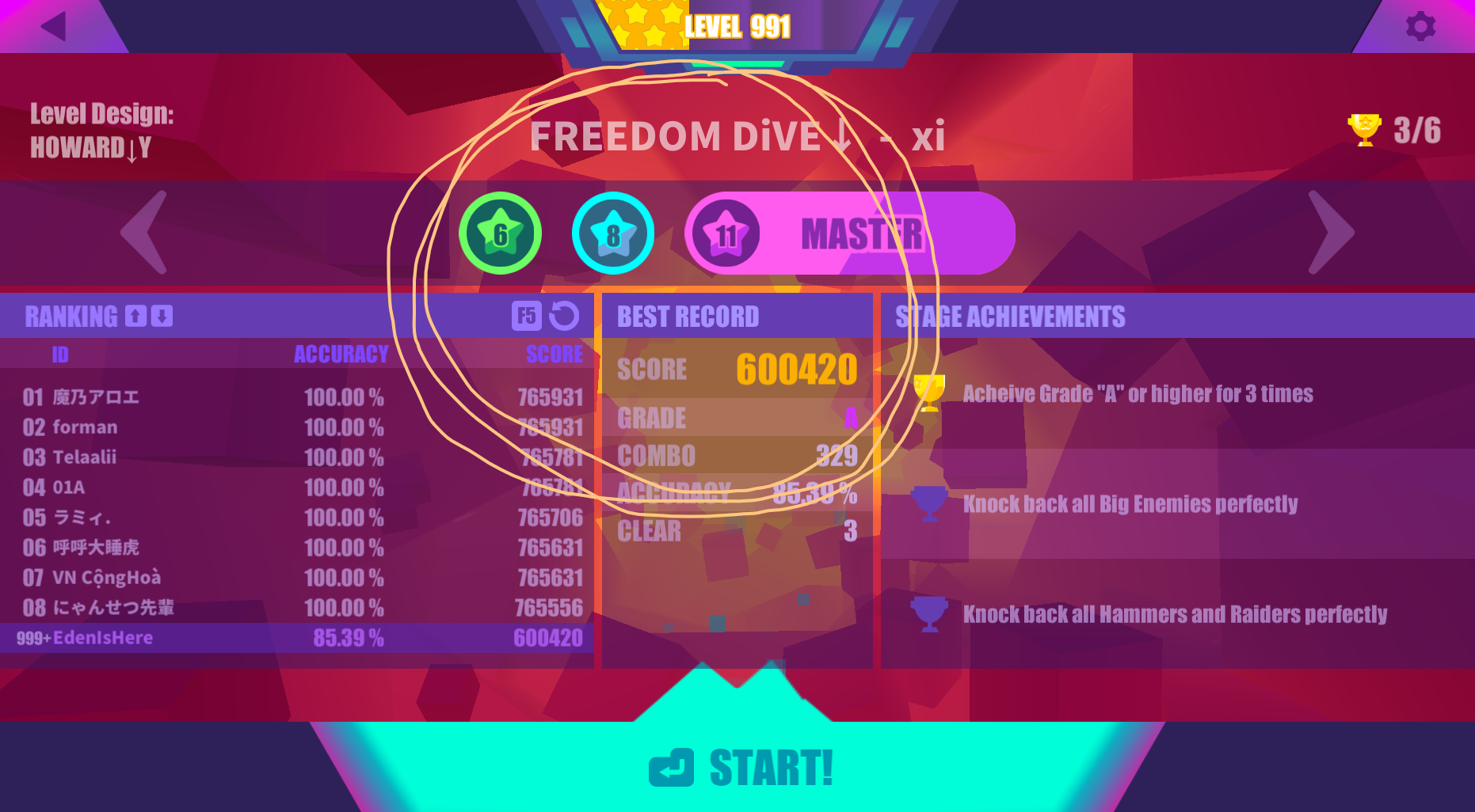 Muse Dash All Hidden Difficulties Songs Guide - FREEDOM DIVE ↓ - xi (11☆) [Give Up TREATMENT Vol.8] - DDDEC63