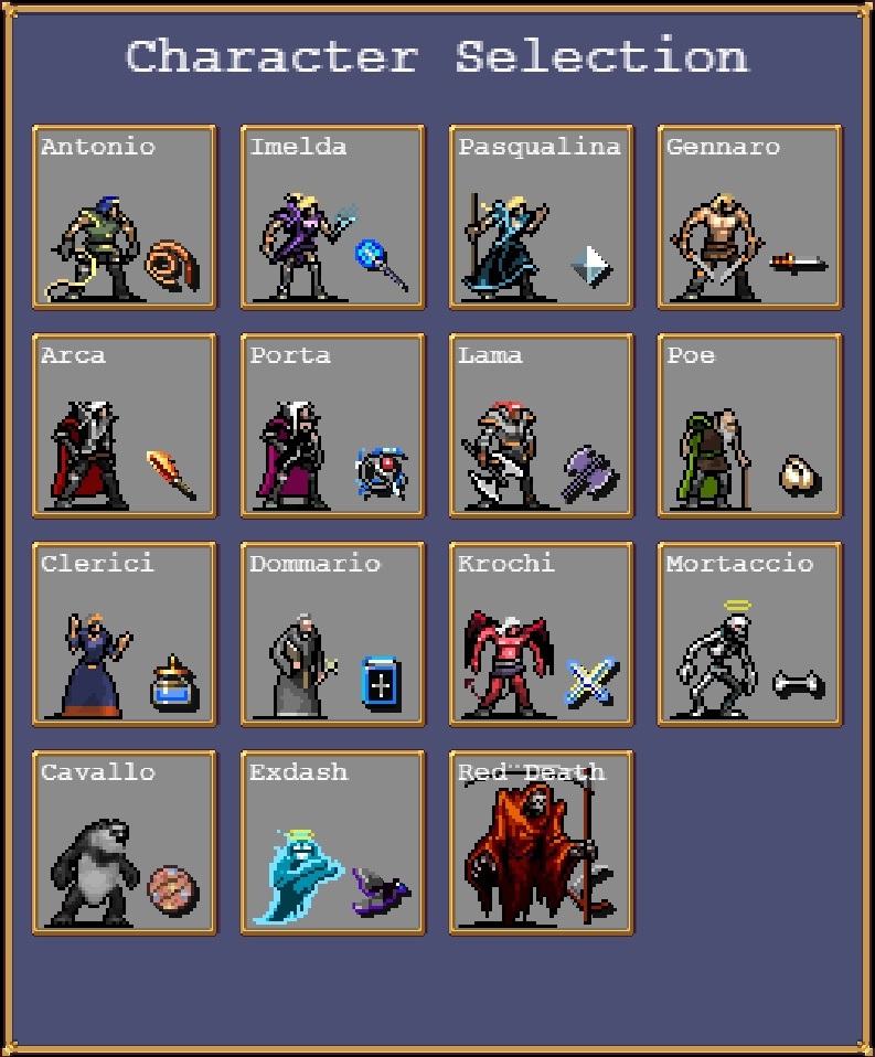 Vampire Survivors Overview of weapons Evolution - Collection - Characters (v.0.2.13c - EA) - 3 - Characters (Bonus section) - E67370A