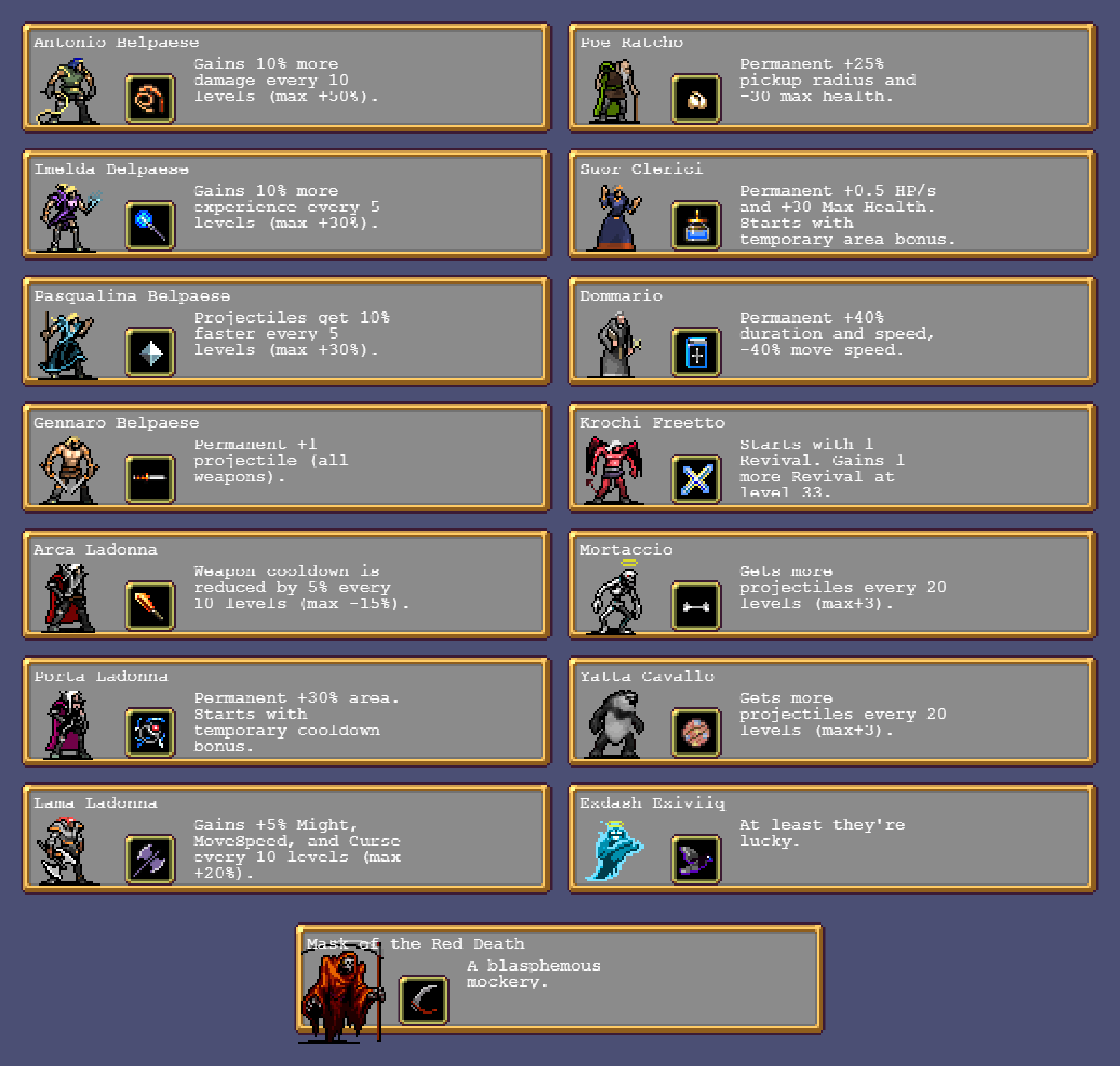 Vampire Survivors Overview of weapons Evolution - Collection - Characters (v.0.2.13c - EA) - 3 - Characters (Bonus section) - F423692