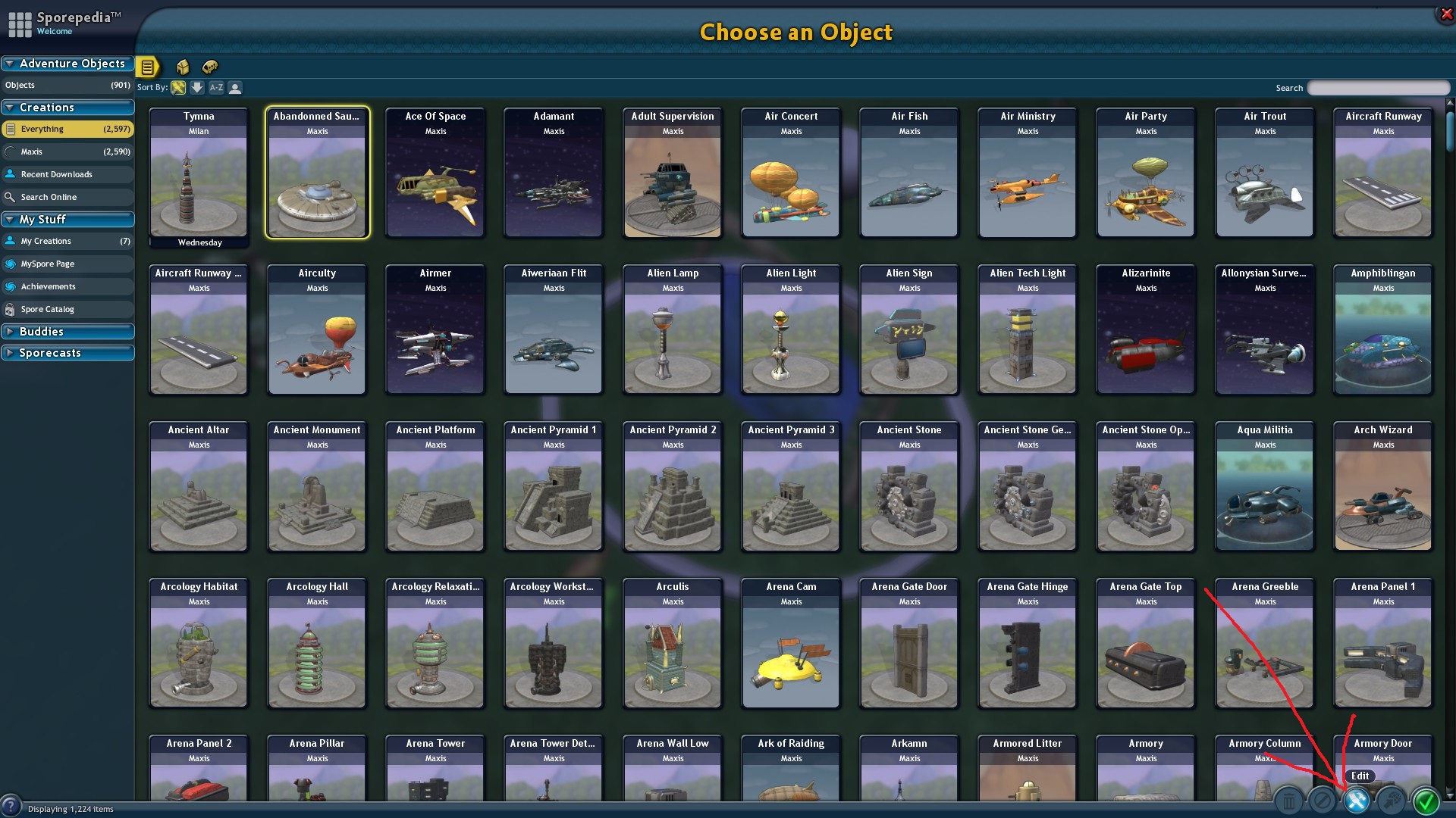 Spore: Galactic Adventures How to Make Objects Looks Like Creature Guide - 2. Choose any building and click edit in the bottom right corner - 48A040A