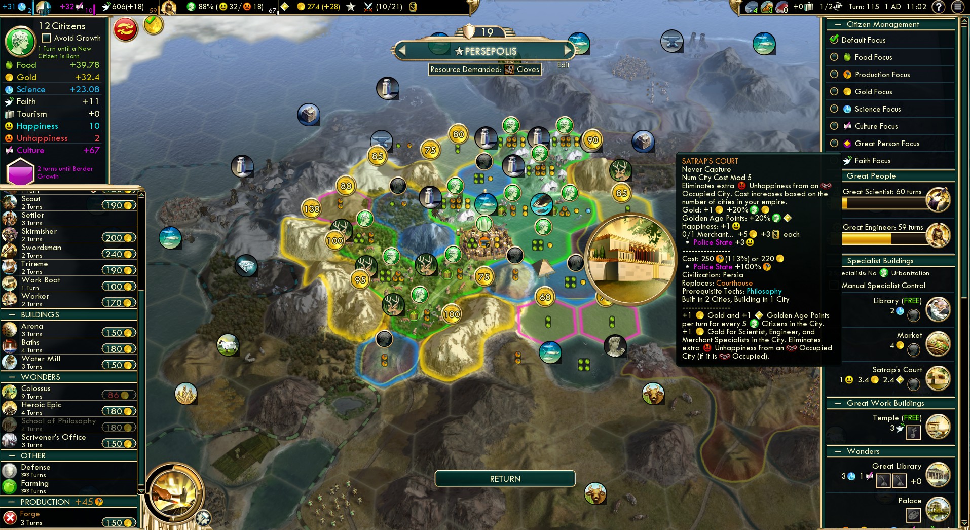 Sid Meier's Civilization V How to play Persia with the Vox Populi - Strategy Guide - Unique Building: Satrap's Court - 0F95392