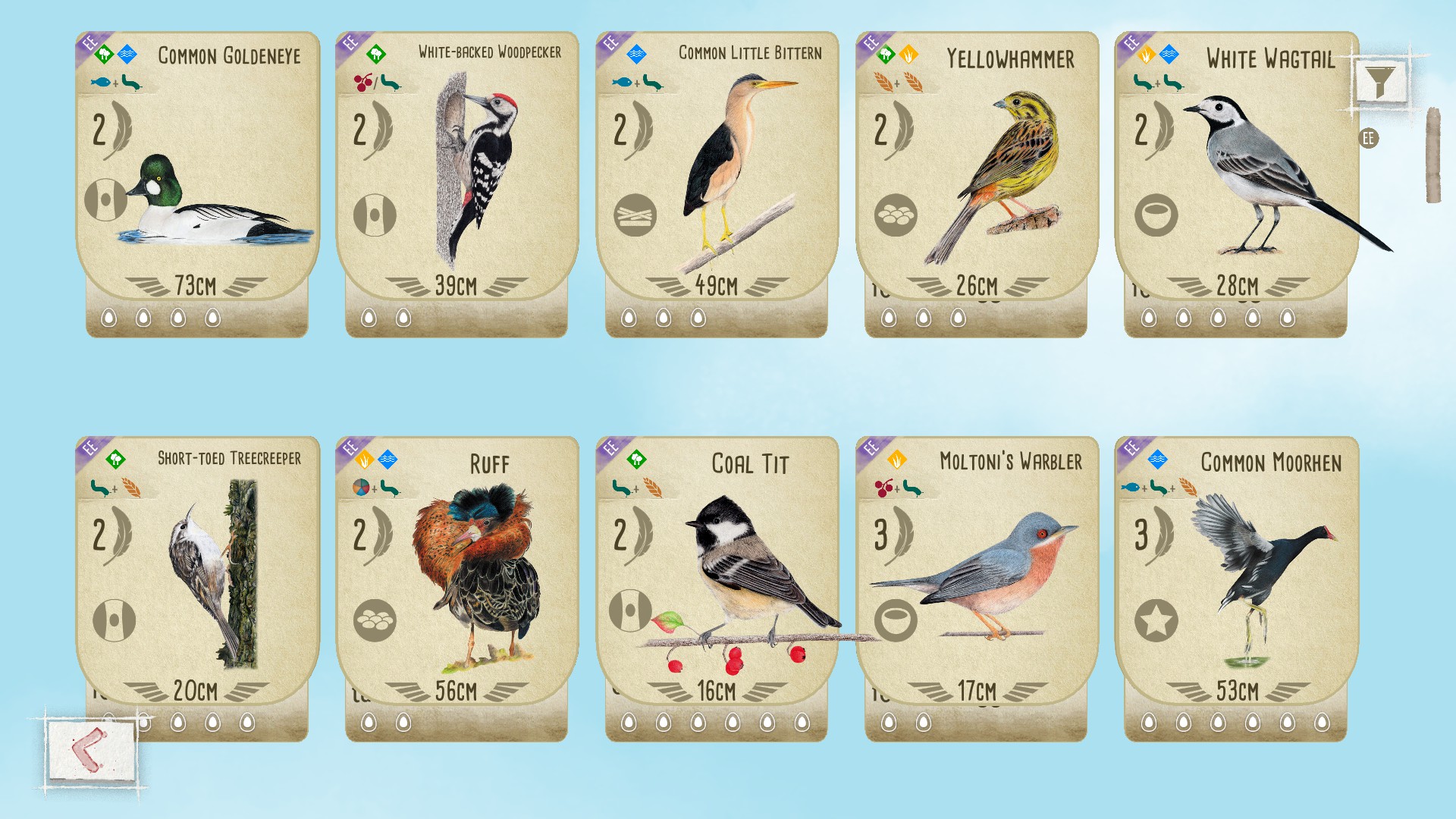 Wingspan Bird Card List European Expansion - Sorted by Fearthers / Points - 0F2B14B