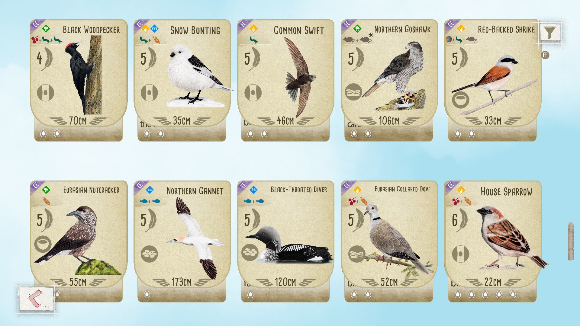 Wingspan Bird Card List European Expansion - Sorted by Fearthers / Points - E981F6F